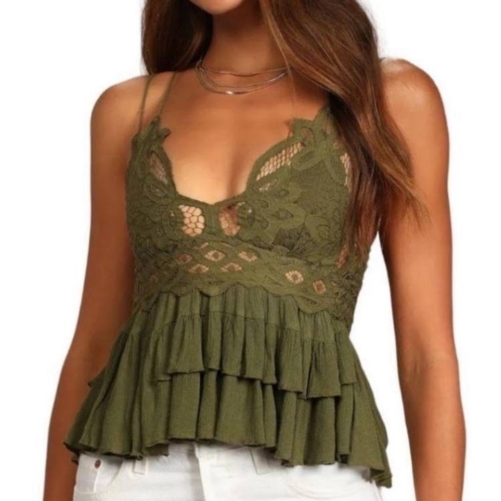 New Free People Adella Olive Sparrow Green Lace Smocked Back Ruffle Layered hem